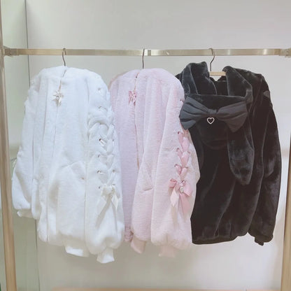 High Quality Japanese Winter New Sweet Cute Mine Cute Rabbit Ear Plush Cotton Coat Jacket Girl Lolita Fur Coats Women Parkas