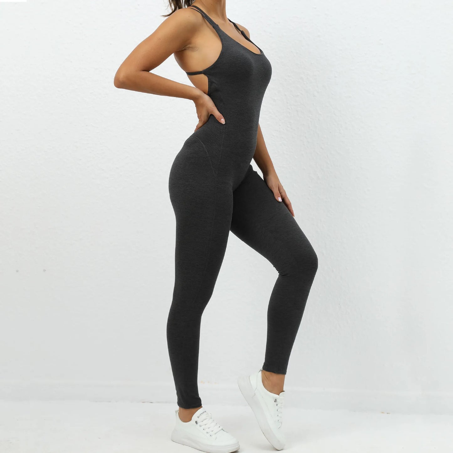Women's Workout Slim Fit Ruched Black Jumpsuit