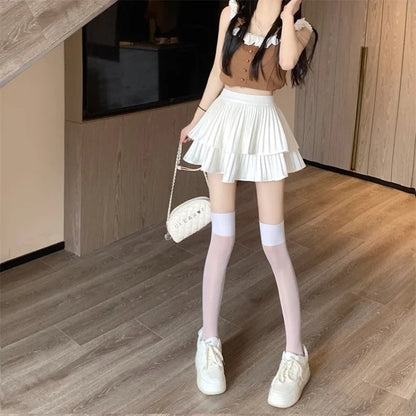 Women Ruffled Pleated A-Line Mini Skirt Summer Tulle Cake High Waist Slim Skirt Shorts Female Sexy Korean Kawaii White