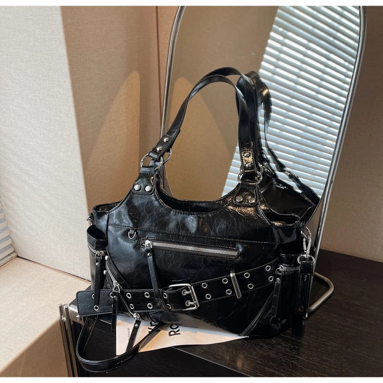 Fashionable Large Capacity Rivet Street Style Women's Tote Bag Shoulder Crossbody Bag Durable Polyester  Commuter Bag
