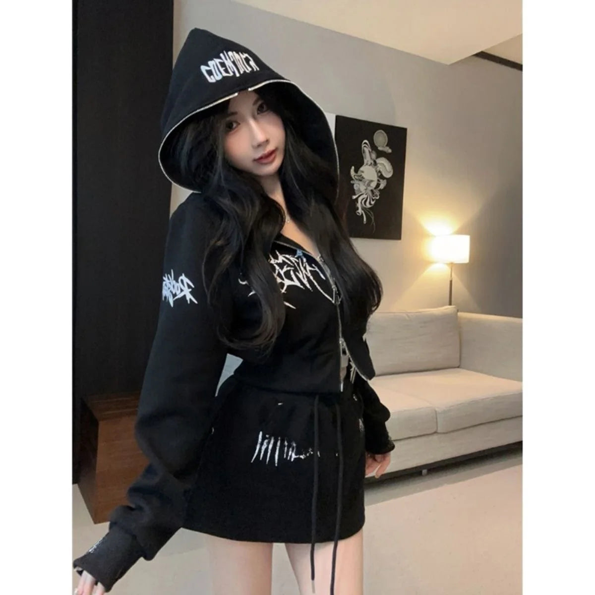 Dark Style Short Letter Sweatshirt And  Skirt Set for Women Trendy Streetwear Autumn Collection Long Sleeve Casual Sports...