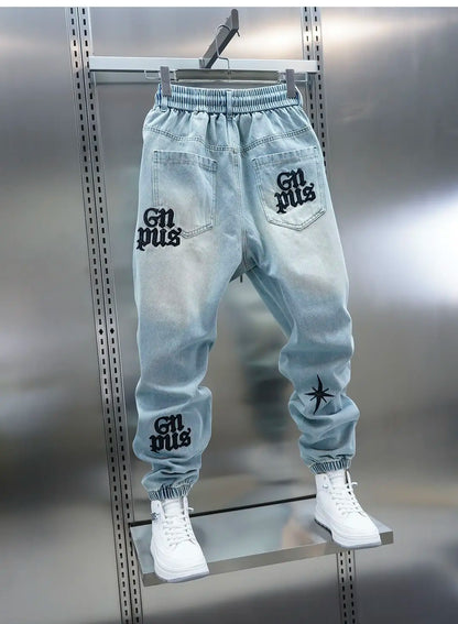 American high-street letter embroidered washed denim jeans fashion loose-fitting jogger harem pants slim-fit casual pants