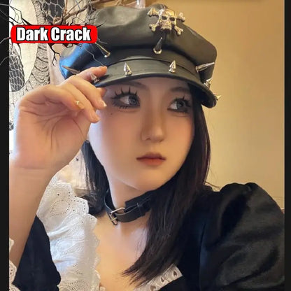 Women's Y2k Harajuku Gothic Punk Lolita Girls Original British Fashion Versatile Leather Style Rock Rivet Short Brim Beret Hat