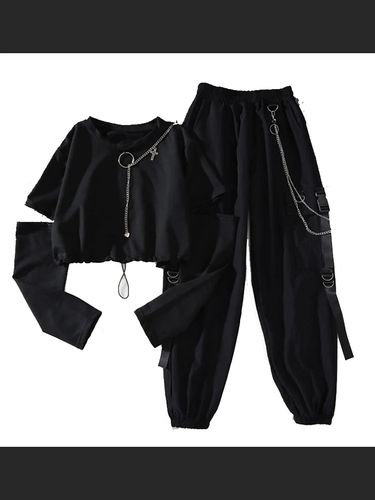 Spring Autumn Women Harajuku Cargo Pants Handsome Cool Two-piece Suit Chain Long Sleeve+Ribbon Pants