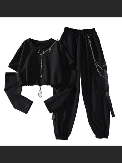Spring Autumn Women Harajuku Cargo Pants Handsome Cool Two-piece Suit Chain Long Sleeve+Ribbon Pants