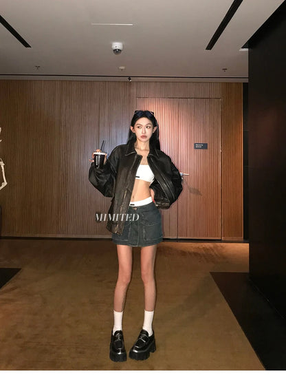 Lautaro Spring Autumn Cool Handsome Retro Oversized Distressed Brown Soft Faux Leather Jackets for Women Zipper Runway Fashion