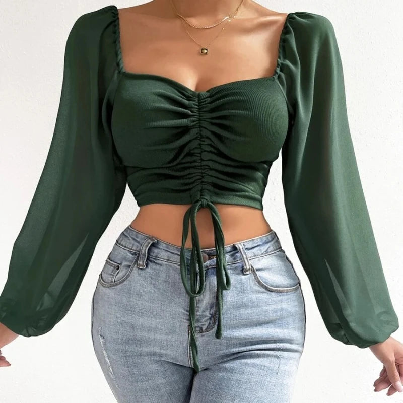 Women's Puff-Sleeve Lace-Up V-Neck Top