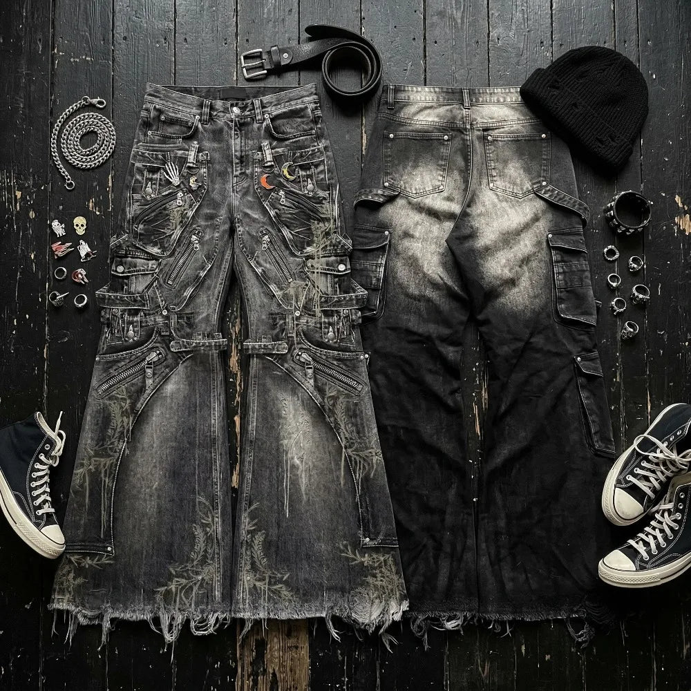 Ripped Baggy Jeans Cotton Patch Dyed Skull Pattern Y2k Mens Jeans Goth Punk Wide Leg Casual Pants Hip Hop Trousers Men Clothing