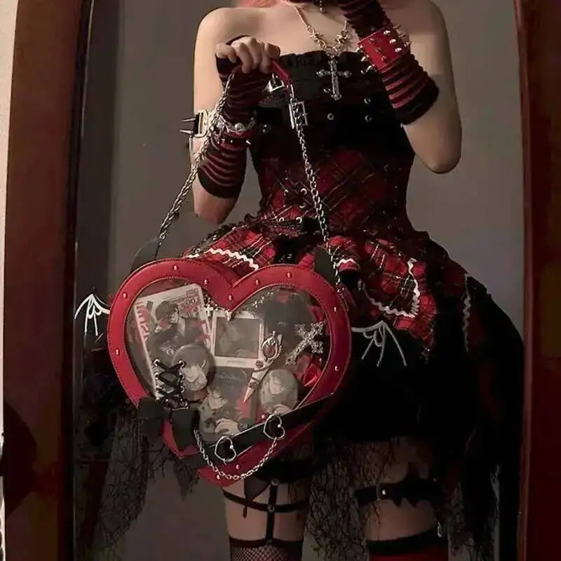 Heart Devil Wings Punk Itabags Belt Buckle Gothic Shoulder Pain Bag PU Leather Y2k Display Chain Crossbody Bag Cosplay Bag Girls