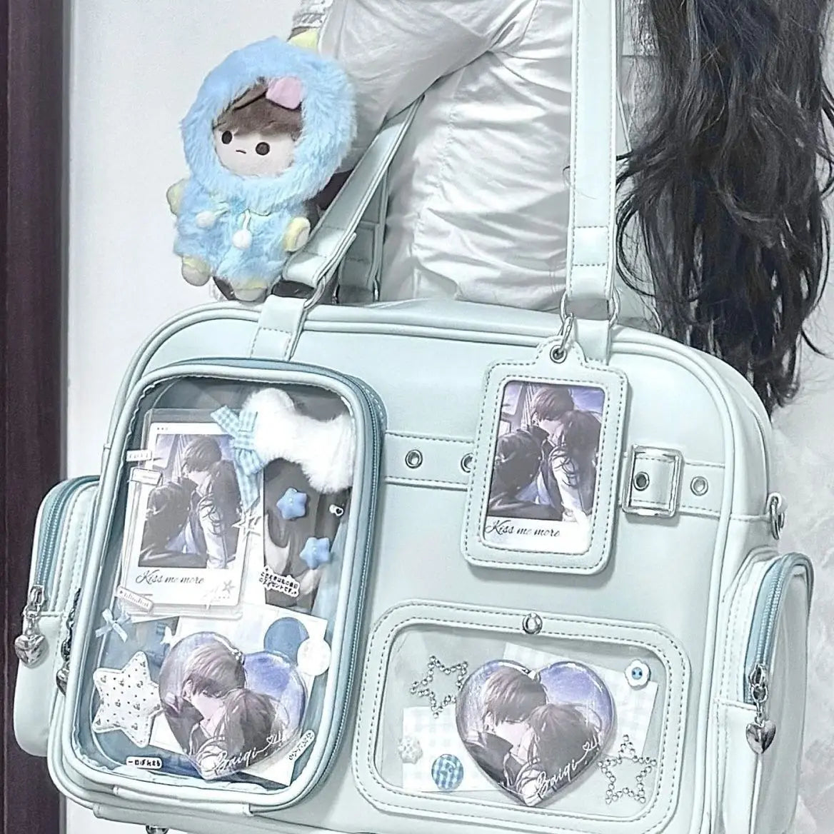 Harajuku Pin Doll 20cm Display Ita Bag Women PU Leather Preppy Style Large Capacity Shoulder Bag Ladies Daily Crossbody Bag Chic