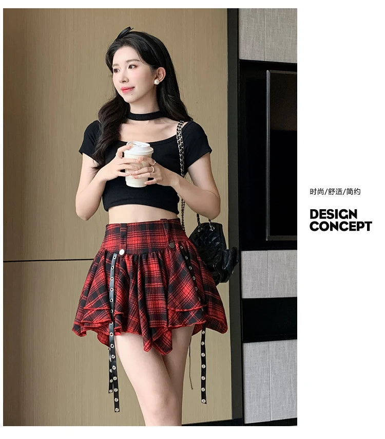 Sexy Plaid Pleated Mini Skirts For Women Y2k Casual Simple Korean Fashion Preppy Style Vintage Chic High Waist Faldas Hotsweet