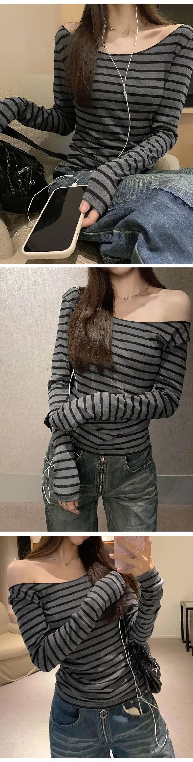 Spring Fall Women's New Basic Models Slim Long-Sleeved Striped t-Shirt Strapless Street Style y2k Thin Tops