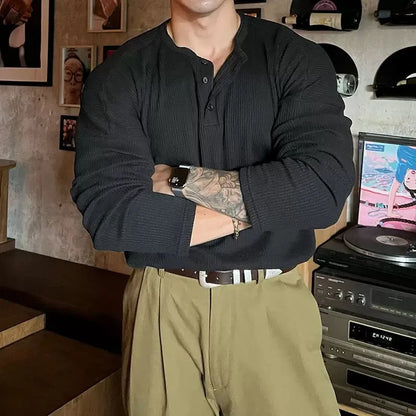 Korean Henry Collar T-shirt Fashion Men Luxury Solid Color Long Sleeve Tops Leisure Light Business Fall Casual Basic Shirt M-3XL