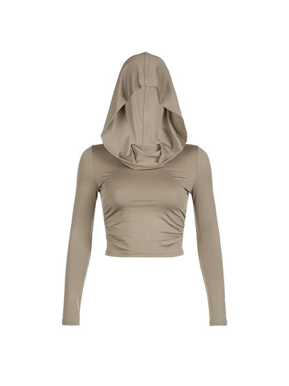 Women's Hooded Crop Tops Autumn Solid Color Long Sleeve Cowl Neck Slim Fit Short T-Shirt Streetwear Sporty Basics Tees