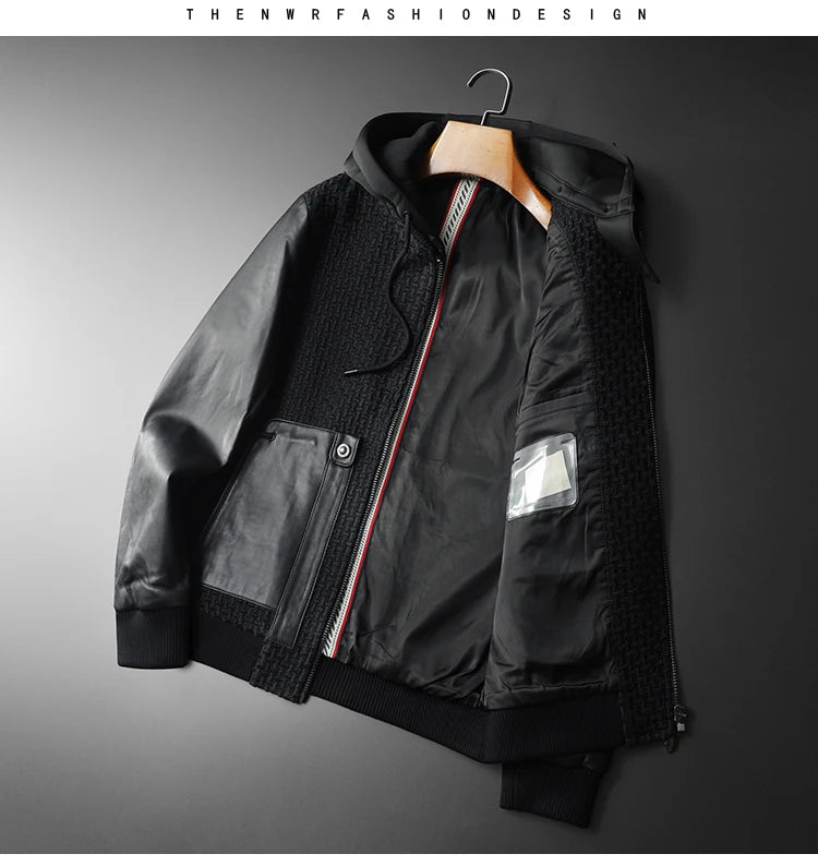 Minglu Autumn Winter Goatskin Men's Jackets High Quality Solid Color Hooded Genune Leather Male Coats Zipper Casual Man Overcoat