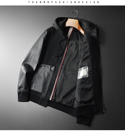 Minglu Autumn Winter Goatskin Men's Jackets High Quality Solid Color Hooded Genune Leather Male Coats Zipper Casual Man Overcoat