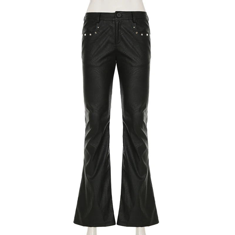 2025 Autumn Winter Women's PU Pants Low Rise Goblin Core Faux Leather Trousers Bell Bottom Gothic Japanese Y2k Stretch 2000s New
