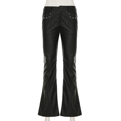 2025 Autumn Winter Women's PU Pants Low Rise Goblin Core Faux Leather Trousers Bell Bottom Gothic Japanese Y2k Stretch 2000s New