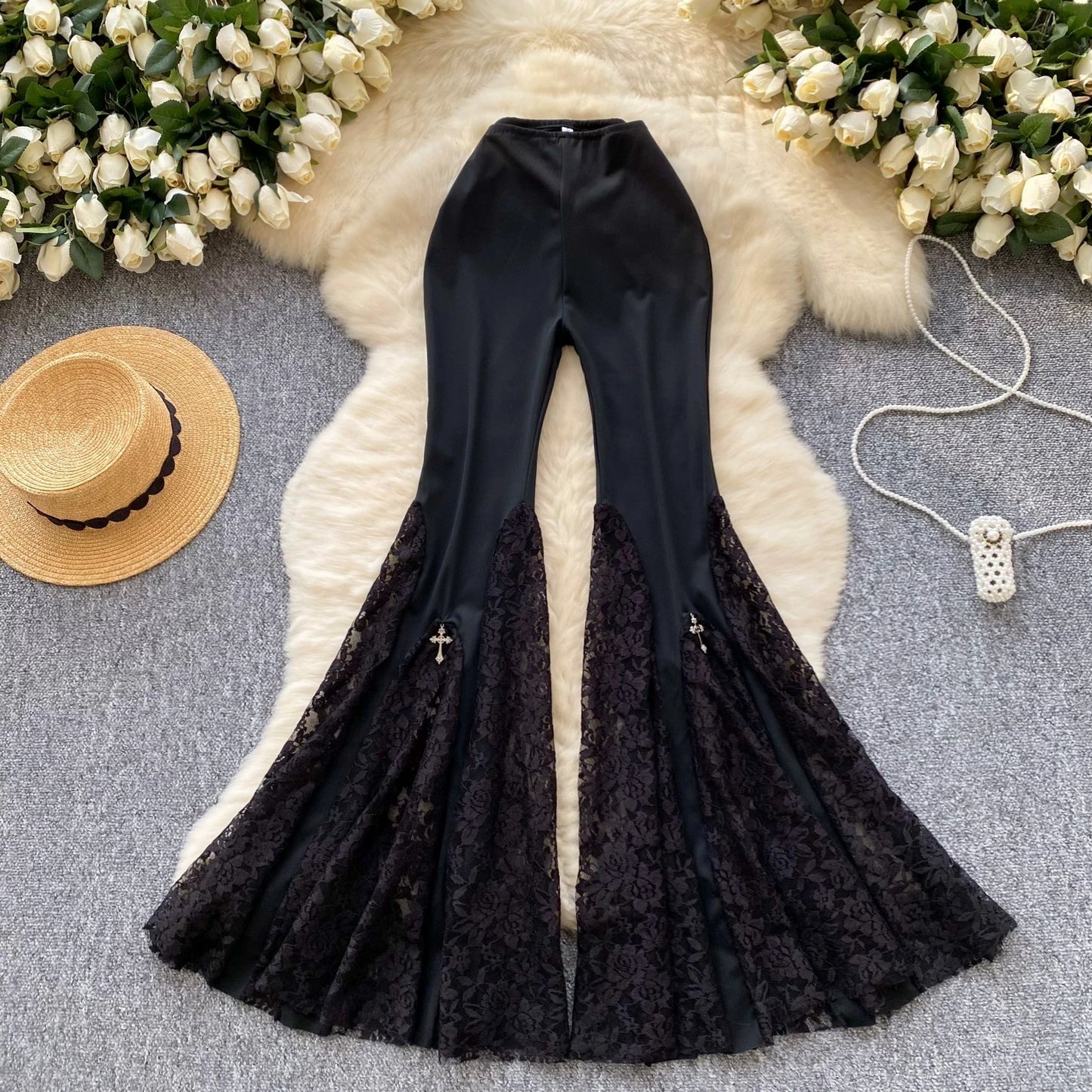 SINGREINY American Ins Hotsweet Pants Women High Waist Mesh Splice Lace Design Fashion Streetwear Skinny Flared Long Pants
