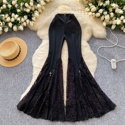 SINGREINY American Ins Hotsweet Pants Women High Waist Mesh Splice Lace Design Fashion Streetwear Skinny Flared Long Pants