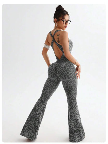 Women's Leopard Print Cross-Back Yoga Jumpsuit