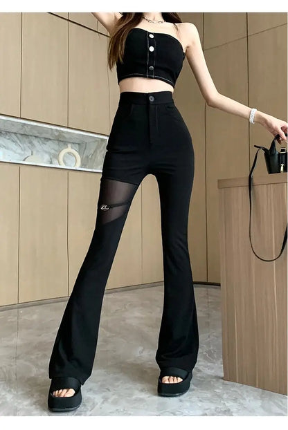 Sexy Black Mesh Patchwork High Waisted Flared Pants Chic Slim Women's Thin Trousers for Summer Korean Style
