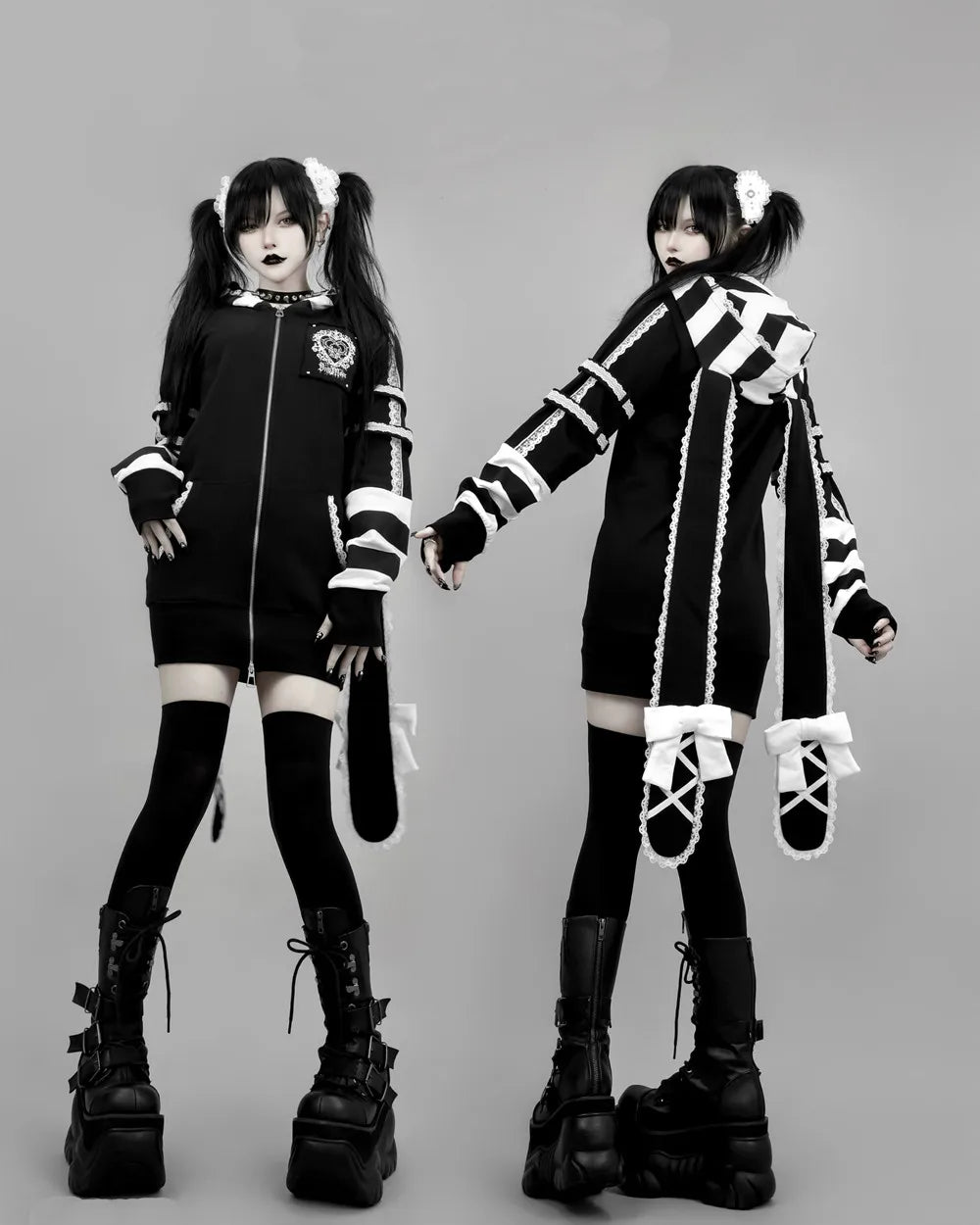 Japanese Harajuku Style Bow Sweet Cool Long-Ear Hooded Lace Trim Color-Block Zipper Long Cardigan Coat Gothic Hoodie Jacket