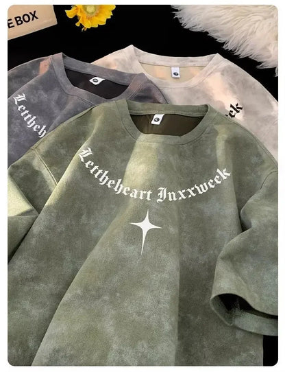 American Style Dyed Short Sleeve T-Shirt Men's Summer Ice Silk Retro Trendy Loose Sorona Body Fit Camouflage Crew Neck T-Shirt