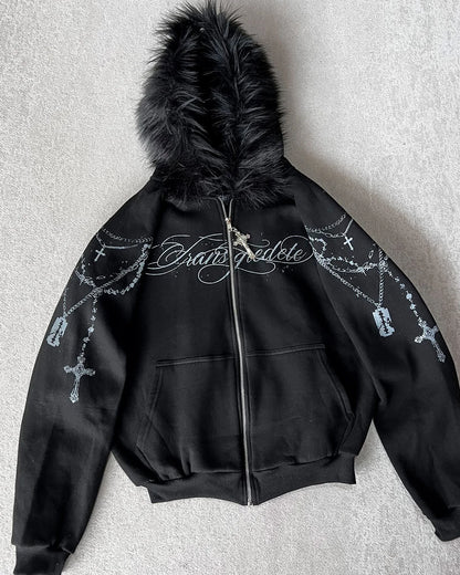Dark Gothic Style Cross Design Printed Large Fur Collar Zipper Cardigan for Women 2026 Y2k Harajuku Spicy Girl Hooded Sweatshirt