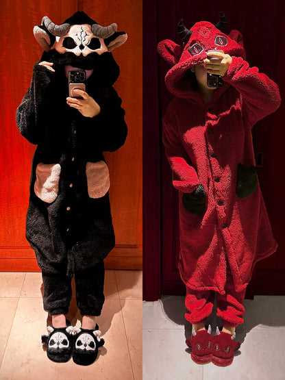 Virtual Alice Dark Gothic Demon Death Skull Horned Hooded Robe Thickened Coral Fleece Winter Warm Long Sleepwear Loungewear