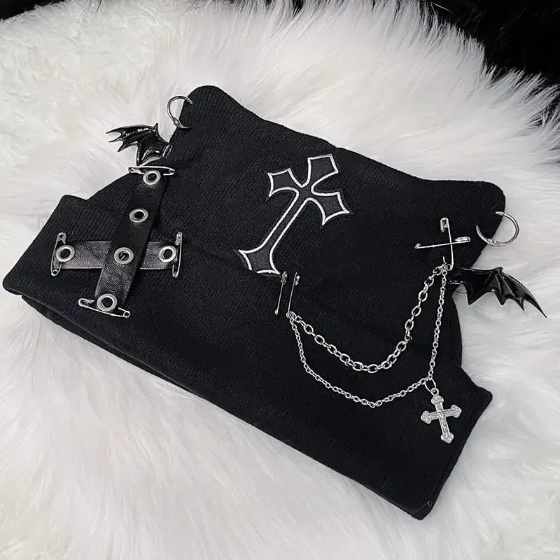 Gothic Grunge Cat Ear Bat Wing Black Beanie Hat Harajuku Punk Cross Chain Knitted Hat Women Winter Warm Chic Streetwear