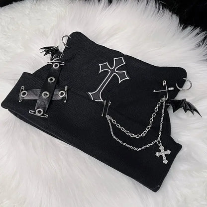 Gothic Grunge Cat Ear Bat Wing Black Beanie Hat Harajuku Punk Cross Chain Knitted Hat Women Winter Warm Chic Streetwear
