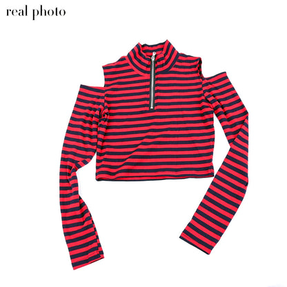 Grunge Striped Mall Gothic Basic T-shirts Punk E-girl Aesthetic Bodycon Casual Crop Tops Long Sleeve Open Shoulder Tee Gothic