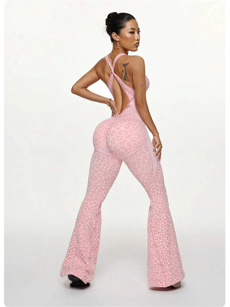 Women's Leopard Print Cross-Back Yoga Jumpsuit