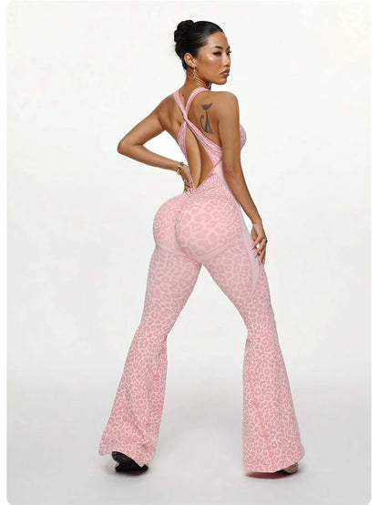 Women's Leopard Print Cross-Back Yoga Jumpsuit