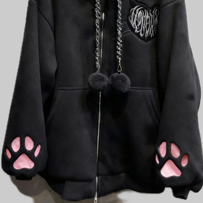 New Velvet Cute Cat Ear Women Hoodie Cat Claw Long Sleeve Coat Black Cat Punk Rock Men and Women Jackets