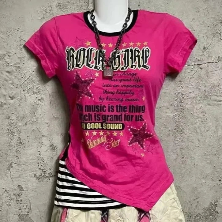 American Retro Fake Two Piece T-shirts Off Shoulder Short Sleeve Y2k Slim Fit Top Tee Skull Print Harajuku Streetwear 2026