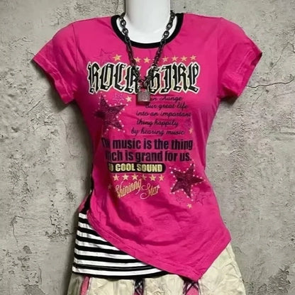 American Retro Fake Two Piece T-shirts Off Shoulder Short Sleeve Y2k Slim Fit Top Tee Skull Print Harajuku Streetwear 2026