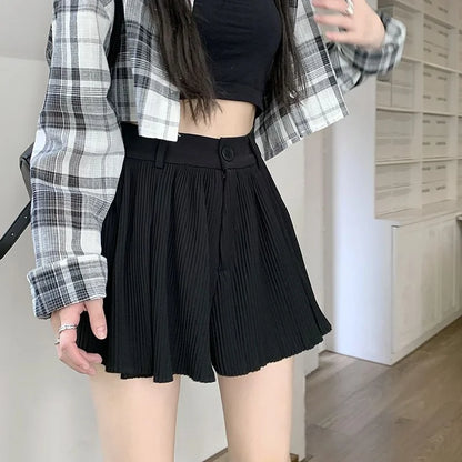 Solid Shorts Women Summer Folds All-match High Waist Stylish Popular Aesthetic Fashion Korean Style Шорты Женские Летние Chic