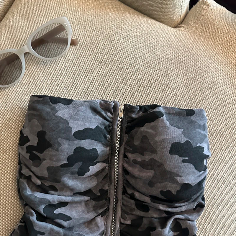 Sexy American Girl Camouflage Print Tube Top Vest Women's Summer Zipper Open Cardigan Shoulder Bared Short Style Top