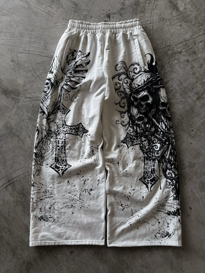White Skull Gothic Casual Pants Mens American Retro Punk Dark Jogging Pants Harajuku Trend Sweatpants