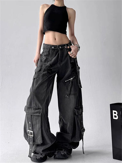 American Gothic Heavy-Industry Multi-Pocket Ripped Black Jeans Retro Fashion Men and Women Loose Wide Legs Casual Pants