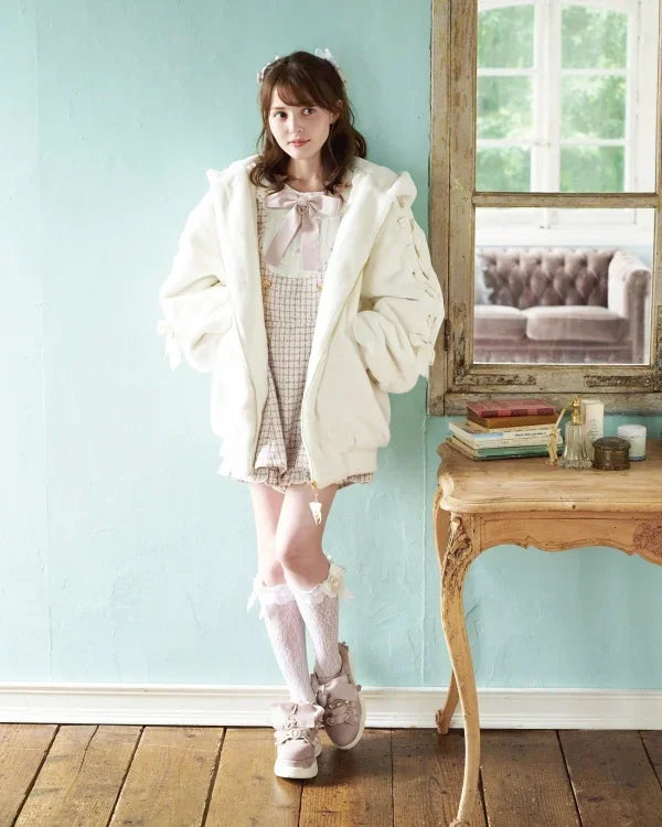 High Quality Japanese Winter New Sweet Cute Mine Cute Rabbit Ear Plush Cotton Coat Jacket Girl Lolita Fur Coats Women Parkas
