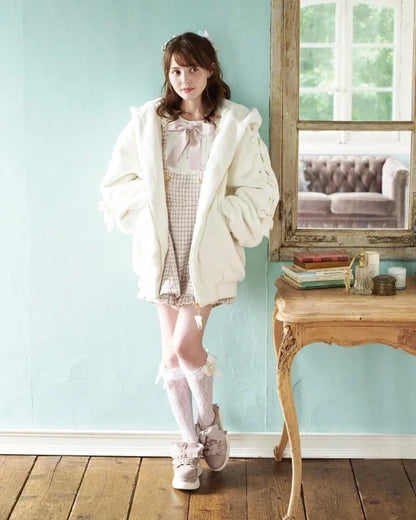 High Quality Japanese Winter New Sweet Cute Mine Cute Rabbit Ear Plush Cotton Coat Jacket Girl Lolita Fur Coats Women Parkas
