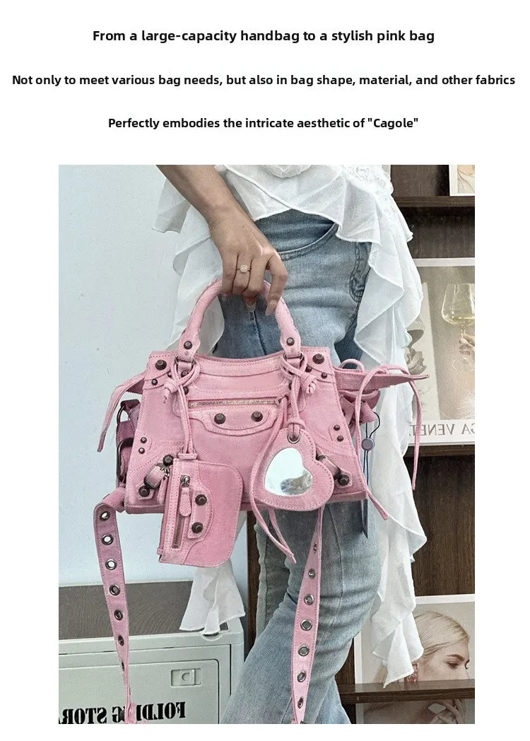 Neo Motorcycle Bag Handheld Rivet Head Layered Oil Wax Cowhide Crossbody Women's Bag Cool And Spicy Girl Retro Style Tote Bag