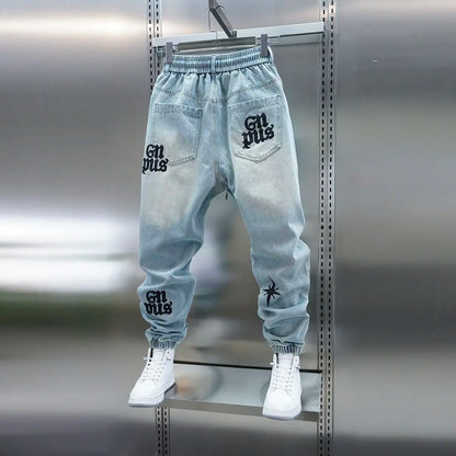 American high-street letter embroidered washed denim jeans fashion loose-fitting jogger harem pants slim-fit casual pants