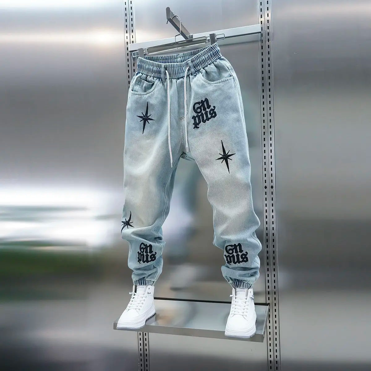 American high-street letter embroidered washed denim jeans fashion loose-fitting jogger harem pants slim-fit casual pants