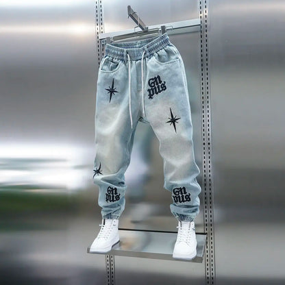 American high-street letter embroidered washed denim jeans fashion loose-fitting jogger harem pants slim-fit casual pants