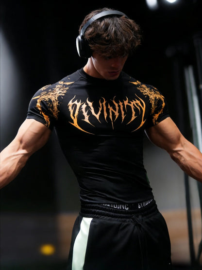 Men'S Athletic Fitness T-Shirt, Summer Quick-Dry Compression Shirt, Stylish Gothic Print Men'S Sports Top