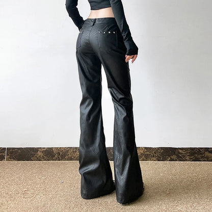 2025 Autumn Winter Women's PU Pants Low Rise Goblin Core Faux Leather Trousers Bell Bottom Gothic Japanese Y2k Stretch 2000s New